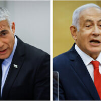 A composite image of Opposition Leader Benjamin Netanyahu (right) and Foreign Minister Yair Lapid leading their respective Likud and Yesh Atid faction meetings at the Knesset, on November 8, 2021. (Olivier Fitoussi/Flash90)
