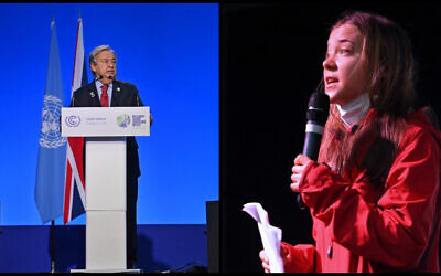 (L) United Nations Secretary General Antonio Guterres speaks during an plenary session at the COP26 UN Climate Change Conference in Glasgow on November 11, 2021. (R) Swedish climate activist Greta Thunberg speaks to the crowd in George Square the end point for the Fridays For Future rally in Glasgow, Scotland on November 5, 2021. (Paul Ellis/AFP)