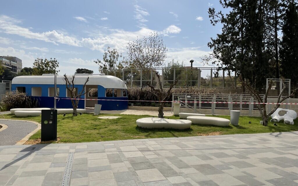 The original train carriage that was the theater space of the new Karon Theater in Jerusalem's Liberty Bell Park (Jessica Steinberg/Times of Israel)