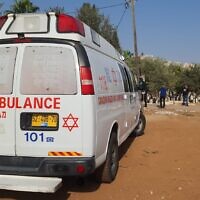 Illustrative: A Magen David Adom ambulance at the scene of a deadly shooting at a cemetery in the central town of Jaljulia, November 16, 2021. (Magen David Adom)
