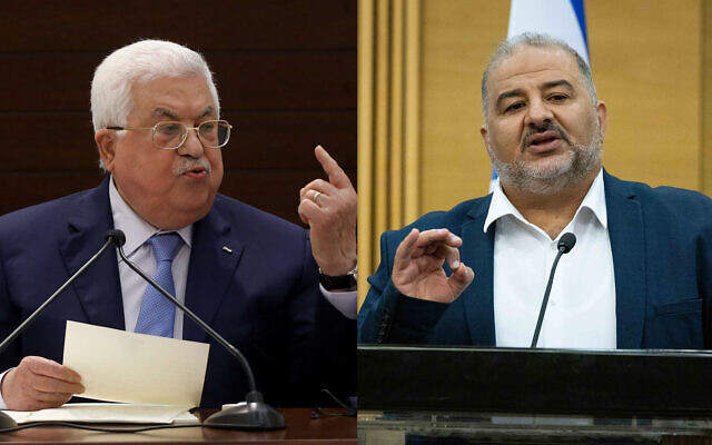 Palestinian Authority President Mahmoud Abbas (left), and Israeli lawmaker Mansour Abbas (right). (Flash90; Yonatan Sindel/Flash90)