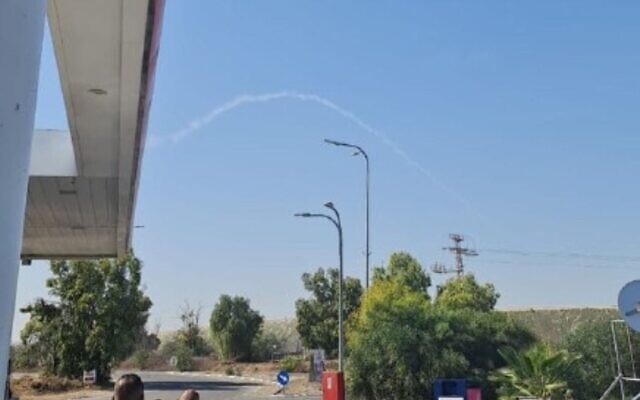 The trails of an Iron Dome interceptor missile are seen in the skies over southern Israel on November 8, 2021. (Oshri Tzimmer/courtesy)