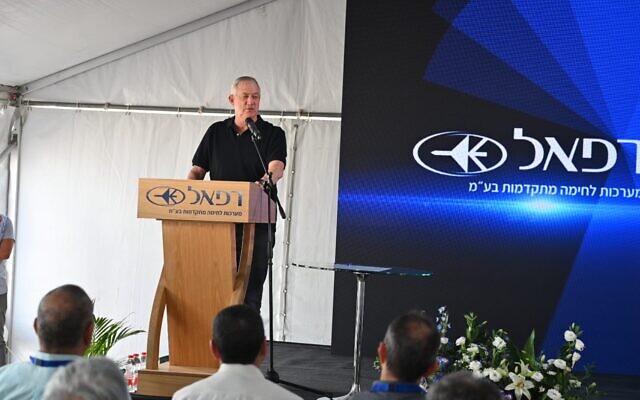Defense Minister Benny Gantz attends the opening of a new Rafael factory in the northern town of Shlomi, November 9, 2021. (Ariel Hermoni/Defense Ministry)