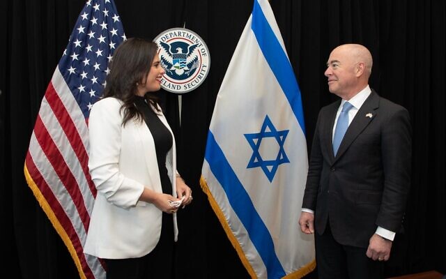 Interior Minister Ayelet Shaked meets with Alejandro Mayorkas, the US Secretary of Homeland Security, on November 18, 2021. (Shmulik Almani/Interior Ministry)
