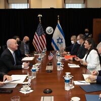 Interior Minister Ayelet Shaked meets with Alejandro Mayorkas, the US Secretary of Homeland Security and other officials on November 18, 2021. (Shmulik Almani/Interior Ministry)