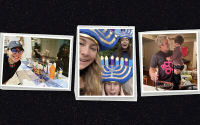 Left to right: Mayim Bialik, HAIM, and Andy Cohen, who all shared photos of their menorahs on social media. (Screenshots from Instagram via JTA)