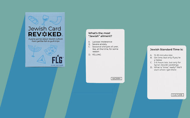 Sample cards from the new game Jewish Card Revoked, a party game in which players debate aspects of Jewish culture. (Flying Leap Games/ via JTA)
