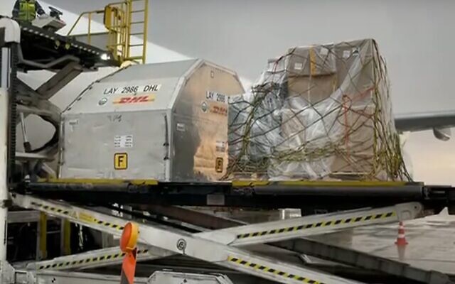 The first shipment of child-sized Pfizer COVID vaccines arrives at Ben Gurion Airport, November 20, 2021 (Screen grab/Kan)