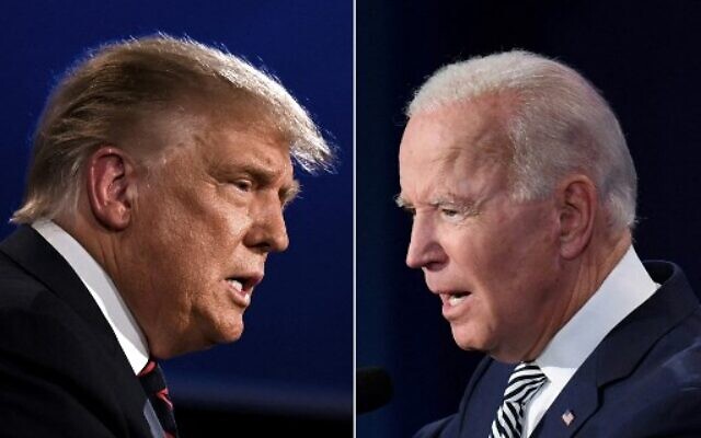This combination of pictures created on September 29, 2020, shows US President Donald Trump (L) and Democratic Presidential candidate former Vice President Joe Biden squaring off during the first presidential debate at the Case Western Reserve University and Cleveland Clinic in Cleveland, Ohio on September 29, 2020. (JIM WATSON and SAUL LOEB / AFP)