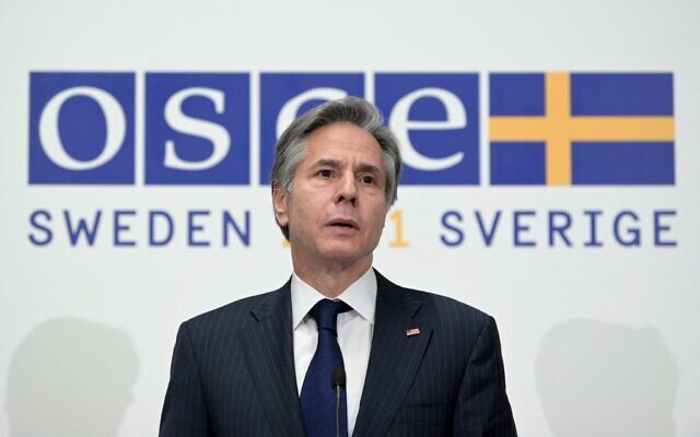 US Secretary of State Antony Blinken addresses a press conference during a ministerial council meeting of the Organization for Security and Co-operation in Europe, in the Swedish capital of Stockholm, on December 2, 2021. (Jonathan Nackstrand/Pool/AFP)
