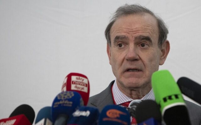 Deputy Secretary General of the European External Action Service (EEAS) Enrique Mora speaks to journalists after a meeting on the Iran nuclear deal, in Vienna, on December 17, 2021. (Alex Halada/AFP)
