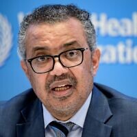 World Health Organization chief Tedros Adhanom Ghebreyesus gives a press conference on December 20, 2021, at the WHO headquarters in Geneva. (Fabrice Coffrini/AFP)