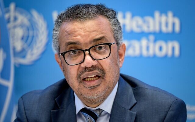 World Health Organization chief Tedros Adhanom Ghebreyesus gives a press conference on December 20, 2021, at the WHO headquarters in Geneva. (Fabrice Coffrini/AFP)