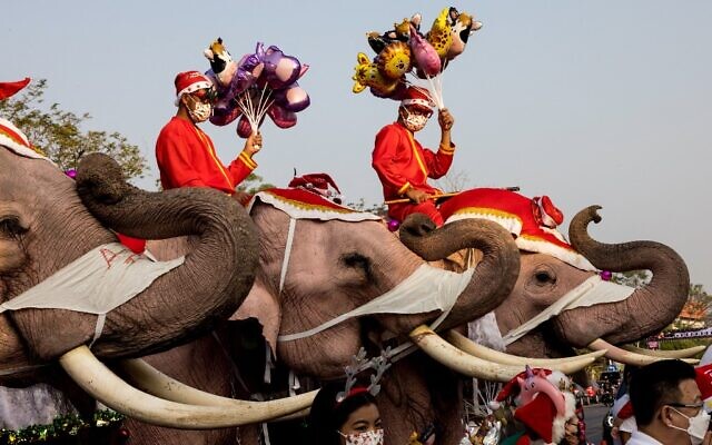 Mahouts and their elephants pose for children during Christmas celebrations at the Jirasart Witthaya school in Ayutthaya, Thailand, December 24, 2021. (Jack Taylor/AFP)