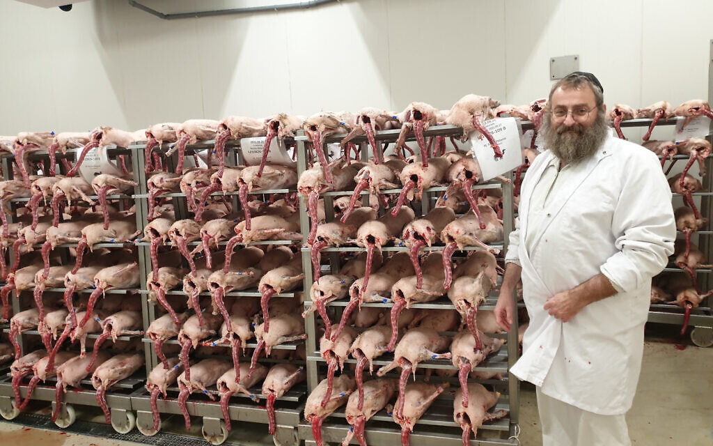 Rabbi Jacob Werchow presents geese slaughtered by his team in Csengele, Hungary on September 29, 2021. (Cnaan Liphshiz/ JTA)