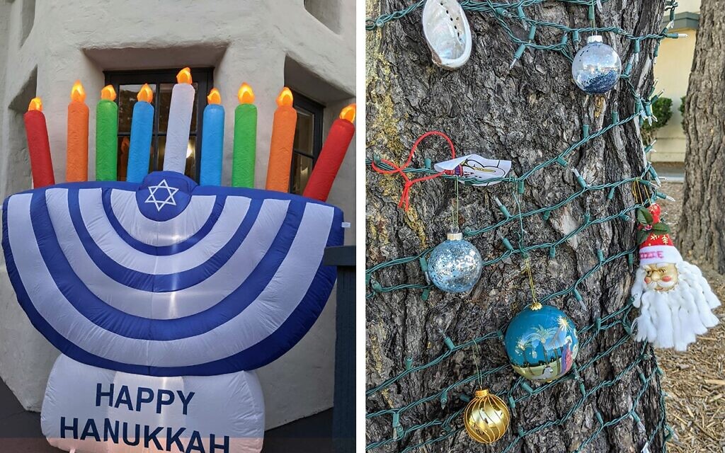 Shel Lyons, a parent at Carmel River School in northern California, sued the school December 7, 2021, after it refused to allow an inflatable menorah (left) at an event centered around the school's 'holiday tree' (right). The lawsuit was quickly dismissed. (J. The Jewish News of Northern California/ via JTA)