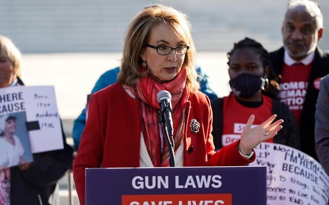 Gabrielle Giffords speaks during a demonstration with victims of gun violence in front of the Supreme Court, on November 3, 2021. (Joshua Roberts/Getty Images via JTA)