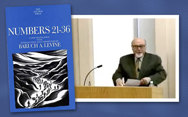 Baruch Levine speaks at Yale Divinity School in October 2004. At left is his commentary on the book of Numbers. (YouTube; Yale University Press via JTA)