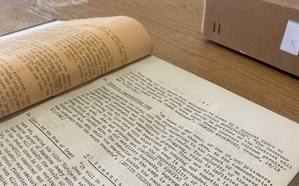 A Jewish Telegraphic Agency bulletin brief kept at the Wiener Library contains some of the first reporting on the 'concentration camps of Oswiecim,' which would later become known as Auschwitz. (Jacob Judah/ JTA)