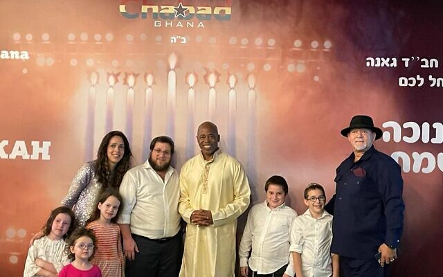 New York City Mayor-elect Eric Adams, center, joined Rabbi Noach Majesky and his family at a Hanukkah celebration in Accra, Ghana, Dec. 1, 2021. (Chabad via JTA)