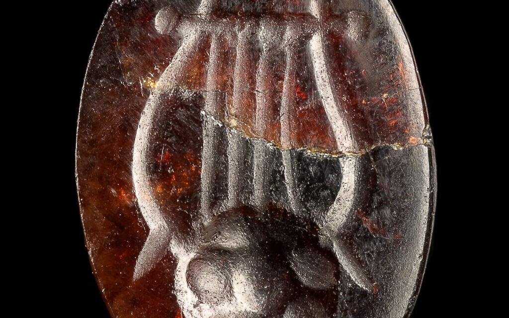 A red gemma engraved with a lyre discovered off the coast of Caesarea. (Yaniv Berman/Israel Antiquities Authority)