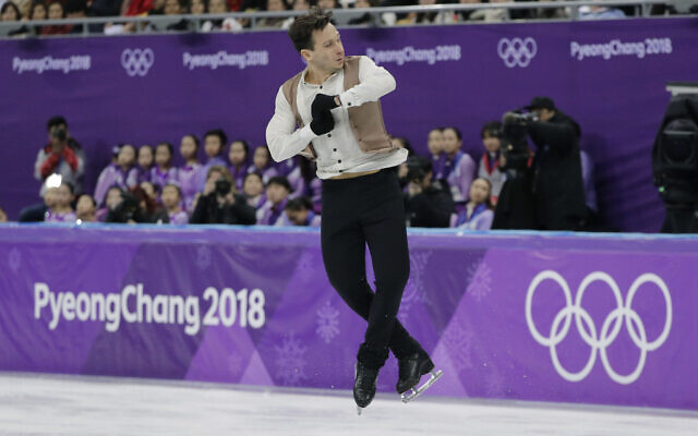 Alexei Bychenko of Israel performs during the men’s short program figure skating in the Gangneung Ice Arena at the 2018 Winter Olympics in Gangneung, South Korea on Feb. 16, 2018. (AP Photo/David J. Phillip)