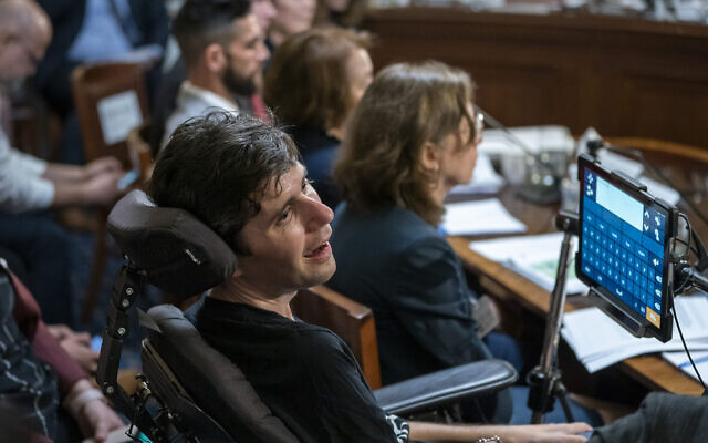 Ady Barkan, a high-profile health care activist who suffers from amyotrophic lateral sclerosis, testifies before the House Rules Committee on Capitol Hill in Washington, Tuesday, April 30, 2019. (AP/J. Scott Applewhite)
