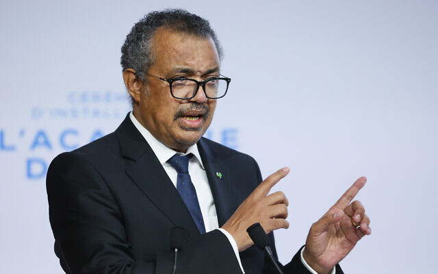 WHO Director-General Tedros Adhanom Ghebreyesus speaks during the opening of the World Health Organization Academy in Lyon, central France, September 27, 2021. (Denis Balibouse/Pool Photo via AP)