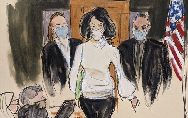 In this courtroom sketch, Ghislaine Maxwell enters the courtroom escorted by US Marshalls at the start of her trial, November 29, 2021, in New York. (AP Photo/Elizabeth Williams)