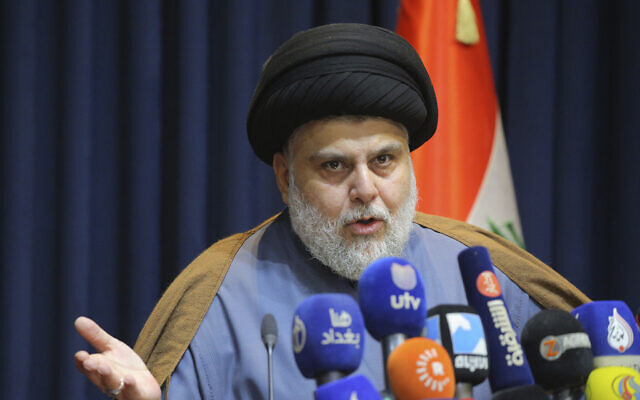 Populist Shiite cleric Muqtada al-Sadr speaks during a press conference in Najaf, Iraq, Nov. 18, 2021. (AP Photo/Anmar Khalil, File)