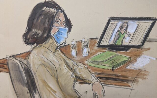 In this courtroom sketch, Ghislaine Maxwell is seated at the defense table while watching testimony of witnesses during her trial, in New York, Nov. 30, 2021. (Elizabeth Williams via AP)