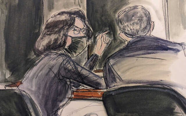 In this sketch, Ghislaine Maxwell, seated left speaks to her defense attorney Christian Everdell prior to the testimony of 'Kate,' during the trial of Ghislaine Maxwell, December 6, 2021, in New York. (Elizabeth Williams via AP)