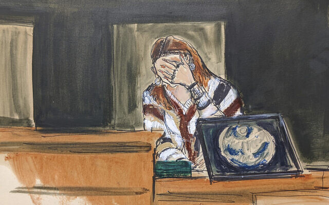 In this courtroom sketch, a witness testifying under the pseudonym "Carolyn," breaks down on the witness stand testifying about her experiences with Jeffery Epstein, during proceedings in Ghislaine Maxwell's sex-abuse trial, in New York, Tuesday, Dec. 7, 2021. (AP Photo/Elizabeth Williams)