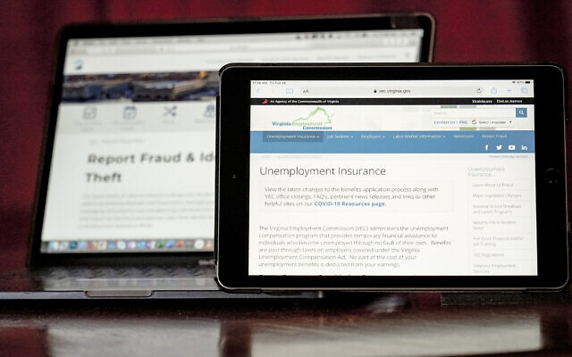 Web pages used to show information for collecting unemployment insurance in Virginia, right, and reporting fraud and identity theft in Pennsylvania, are displayed on the respective state web pages, on Feb. 26, 2021 (AP Photo/Keith Srakocic, File)