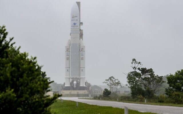 In this image released by NASA, Arianespace's Ariane 5 rocket with NASA's James Webb Space Telescope onboard, is rolled out to the launch pad, Thursday, Dec. 23, 2021, at Europe's Spaceport, the Guiana Space Center in Kourou, French Guiana (Bill Ingalls/NASA via AP)