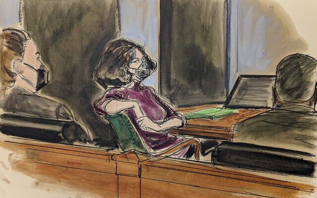 In this courtroom sketch, Ghislaine Maxwell, center, sits in the courtroom during a discussion about a note from the jury, during her sex trafficking trial, December 29, 2021, in New York. (AP Photo/Elizabeth Williams)