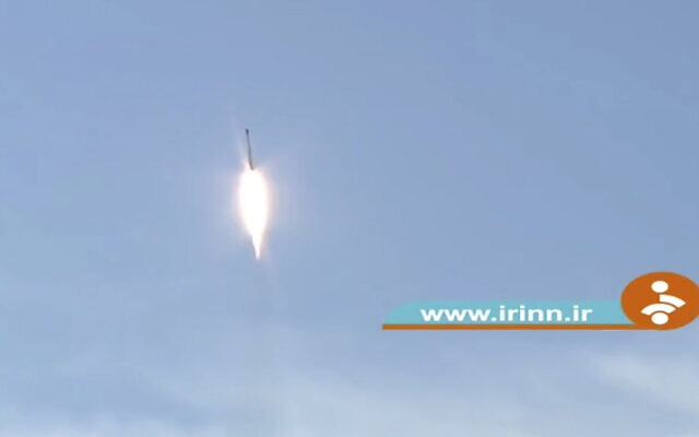 Image taken from footage aired by Iranian state television shows a rocket that Iran announced it launched on Thursday, Dec. 30, 2021. (Iranian state television via AP)