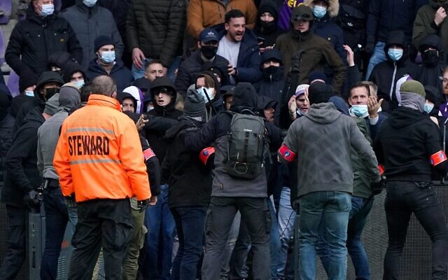 Soccer fans scuffle during a match between the Beerschot team and Royal Antwerp FC at Olympisch Stadion in Antwerp, Belgium, December 5, 2021. (Orange Pictures via JTA)