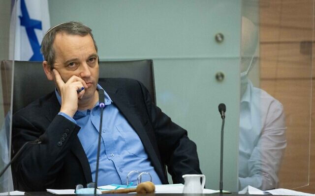 Illustrative: MK Gilad Kariv chairs a Constitution, Law, and Justice Committee at the Knesset, November 30, 2021. (Yonatan Sindel/Flash90)