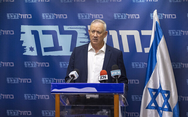 Defense Benny Gantz leads a faction meeting of his Blue and White party at the Knesset, on December 6, 2021. (Olivier Fitoussi/Flash90)