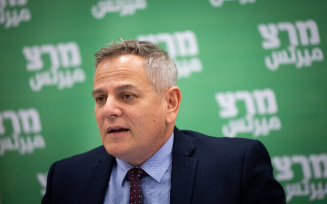 Health Minister Nitzan Horowitz leads a Meretz party faction meeting at the Knesset on December 13, 2021. (Yonatan SindelFlash90)