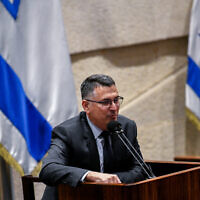 Justice Minister Gideon Sa'ar speaks during a plenum session in the Knesset on December 15, 2021. (Arie Leib Abrams/Flash90)