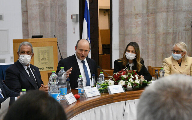Prime Minister Naftali Bennett and Education Minister Yifat Shasha-Biton hold a meeting at the Education Ministry in Jerusalem on December 20, 2021. (Haim Zach / GPO)
