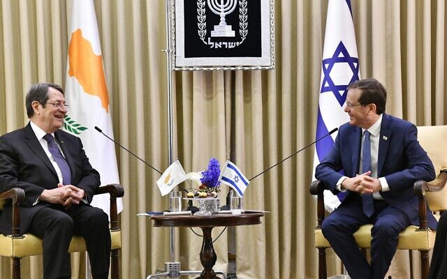 President Isaac Herzog hosts Cypriot President Nicos Anastasiades at Beit Hanasi in Jerusalem, December 7, 2021 (Haim Zach/GPO)