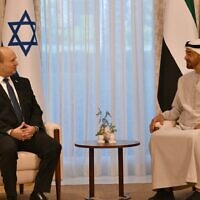 Prime Minister Naftali Bennett (left) sits down with UAE Crown Prince Mohammed bin Zayed Al Nahyan in the latter's Abu Dhabi palace, on December 13, 2021. (Haim Zach/GPO)
