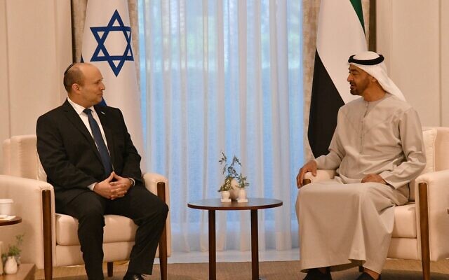 Prime Minister Naftali Bennett (left) sits down with UAE Crown Prince Mohammed bin Zayed Al Nahyan in the latter's Abu Dhabi palace, on December 13, 2021. (Haim Zach/GPO)