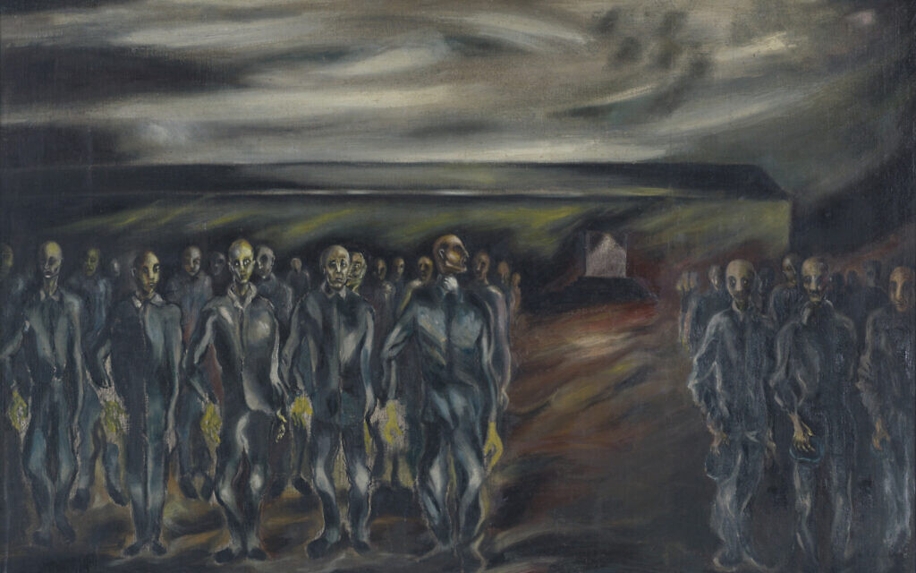 'Roll Call in Concentration Camp' by Boris Lurie, shown at the exhibit 'Nothing To Do But To Try' at the Museum of Jewish Heritage in New York City, December 2021. (Courtesy of the Boris Lurie Art Foundation)