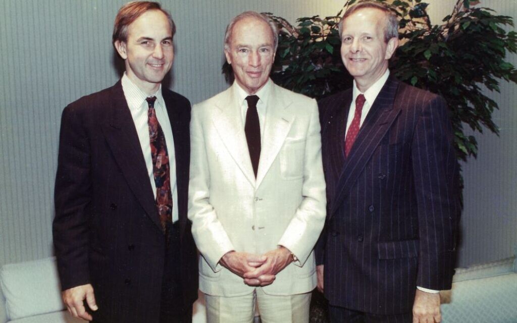 Michael Levine, right, with former Canadian prime minister Pierre Trudeau, center, and television producer Michael Proupas, right. (Courtesy)