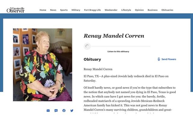 Renay Mandel Corren's "bawdy, rowdy life lived large" became well known when the obituary her son wrote went viral. (Screenshot/Fayetteville Observer via JTA)