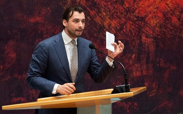 Thierry Baudet, leader of right-wing populist party Forum for Democracy, addresses parliament in The Hague, Netherlands, April 2, 2021. (AP Photo/Peter Dejong)